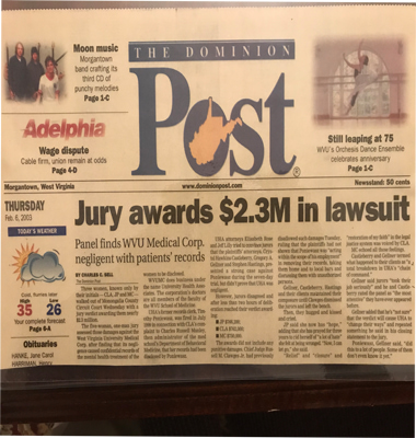 Photo of newspaper article about the firm achieving a jury verdict of 2.3 million